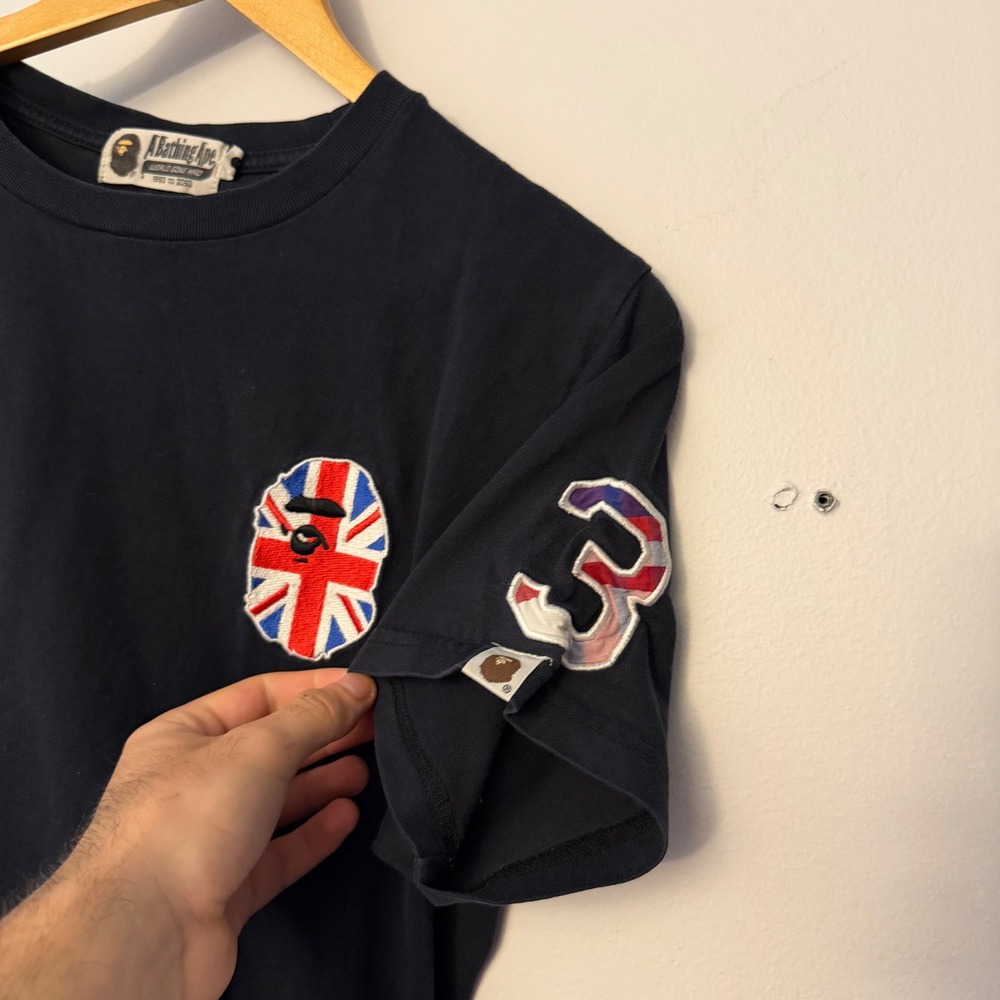 BAPE A Bathing Ape Black Union Jack British Flag Logo T-Shirt Mens Size M - Picture 5 of 7